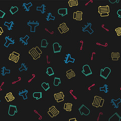 Set line Kitchen extractor fan, Oven glove, Toaster with toasts and ladle on seamless pattern. Vector.