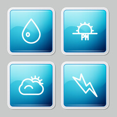 Set line Water drop, Sunset, and cloud and Lightning bolt icon. Vector.