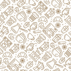 Seamless coffee pattern with line style icons. Coffee shop or cafe background.