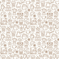 Seamless coffee pattern with line style icons. Coffee shop or cafe background.