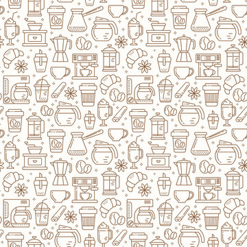 Seamless coffee pattern with line style icons. Coffee shop or cafe background.