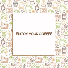 Seamless coffee pattern with line style icons. Coffee shop or cafe background, flyer, label, banner. Cafe menu.
