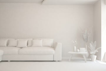 White minimalist living room with sofa. Scandinavian interior design. 3D illustration