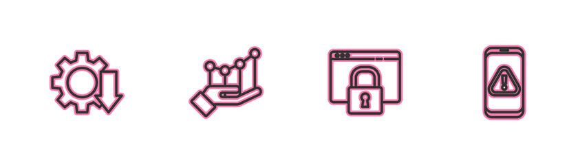 Set line Cost reduction, Secure your site with HTTPS, SSL, Pie chart infographic and Mobile exclamation mark icon. Vector.