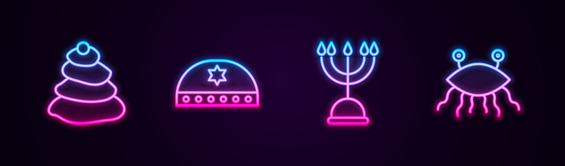 Set line Stack hot stones, Jewish kippah with star of david, Hanukkah menorah and Pastafarianism. Glowing neon icon. Vector.