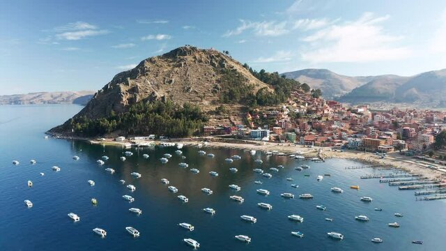 Copacabana city in Bolivia and Titicaca lake aerial view