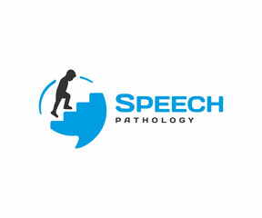Speech pathology logo design. Speech therapy vector design. Сhild climbing stairs in speech bubble logotype