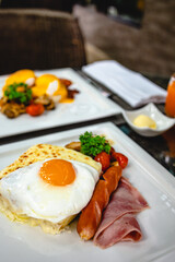 Full American Breakfast Huge healthy breakfast spread on a table with coffee Breakfast served with coffee English breakfast fried egg