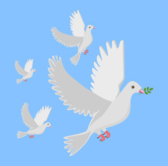 Vector illustration of a flock birds in a blue sky. Cute dove with olive.