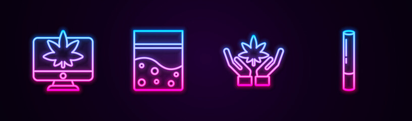 Set line Monitor and marijuana or cannabis, Plastic bag of, Marijuana leaf and joint. Glowing neon icon. Vector.