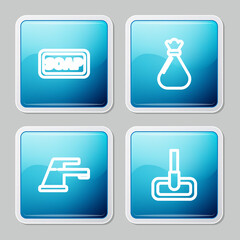 Set line Bar of soap, Garbage bag, Water tap and Mop icon. Vector.