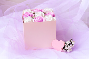 Bouquet roses in pink mock up box with heart. Romantic gift for her.