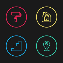 Fototapeta premium Set line Staircase, Location key, House under protection and Paint roller brush icon. Vector.