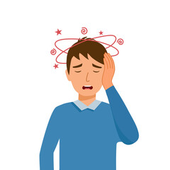 Sick man having dizzy symptom in flat design on white background. Male feeling vertigo. Dizziness illness.