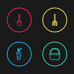 Set line Carrot, Basket, Garden pitchfork and Shovel icon. Vector.