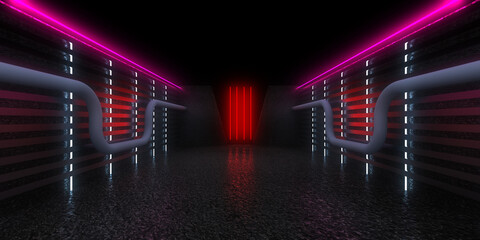 3D abstract background with neon lights. neon tunnel .space construction . 3d illustration