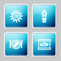 Set line Sea urchin, Octopus, Served cucumber on plate and Canned fish icon. Vector.