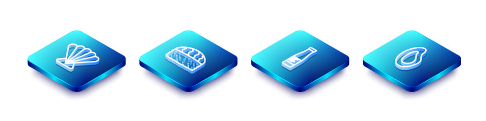 Set Isometric line Scallop sea shell, Sushi, Sauce bottle and Mussel icon. Vector.