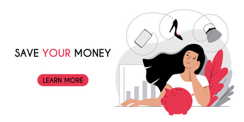 Accumulating saving money concept. Horizontal banner header web template. Woman saves money with piggy bank dreams of shopping. Bank deposit investment donation pension savings. Stock vector flat..