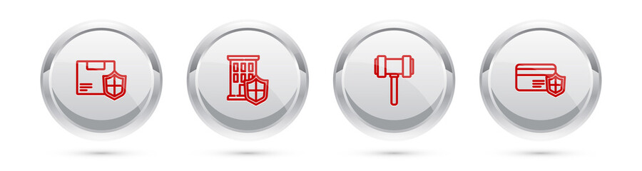 Set line Delivery security with shield, House, Judge gavel and Credit card. Silver circle button. Vector.