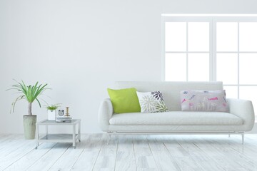 White living room with sofa. Scandinavian interior design. 3D illustration