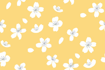 Fototapeta na wymiar Yellow spring background with white tree blossom. Apple and peach flowers, falling petals. Asian sunny seamless texture. Vector japanese repeat.