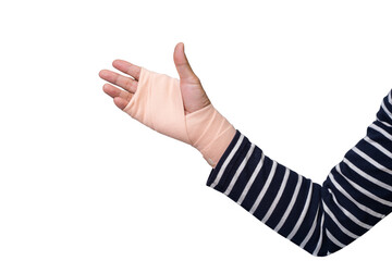 Man hand with long blue stripped T-shirt wrapping elastic bandage isolated on white background. clipping path