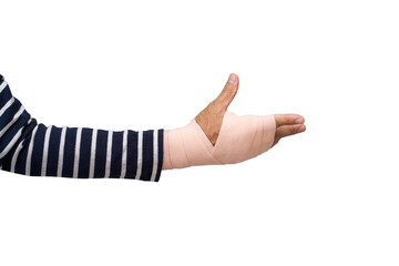 Man hand with long blue stripped T-shirt wrapping elastic bandage isolated on white background. clipping path