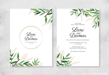 Minimalist wedding invitation template with watercolor foliage and line art