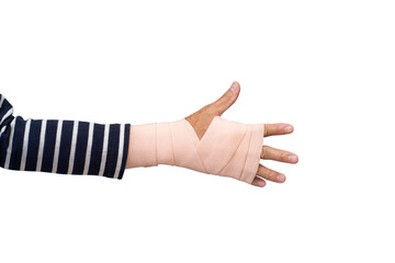 Man hand with long blue stripped T-shirt wrapping elastic bandage isolated on white background. clipping path