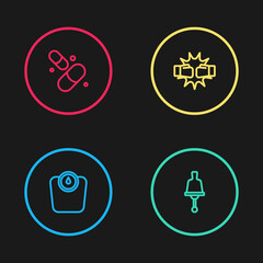 Set line Bathroom scales, Ringing bell, Punch boxing gloves and Vitamin pill icon. Vector.