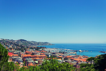 High angle view of the city of Sanremo. On the background Ligurian Sea. Copy space.