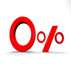 3d red zero percent or 0 % special Offer. Isolated over white background 3d illustration.