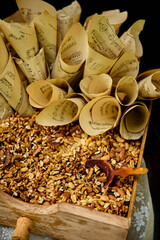 Wedding candy, nuts bar, table in rustic style, decorations made of wood