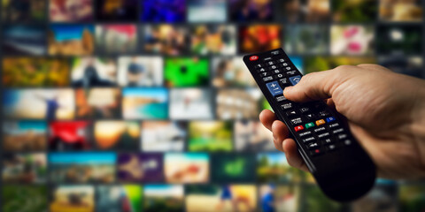 tv channels in background and remote control in hand. smart television and content on demand concept - 419365051