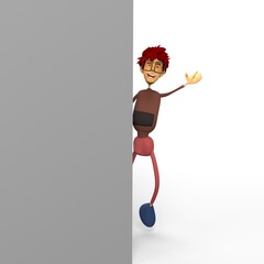 Man holding empty board for presentation. Cyborg mascot pointing blank space for text, 3d illustration.