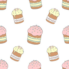 Seamless pattern. Easter cake or sweet bread or Paska. Soft Spring festive background and texture with traditional orthodox food. Hand Drawn color illustration