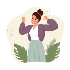 Self-acceptance and confidence concept vector illustration. Proud, confident, happy woman pointing oneself with fingers. Personal image, self-concept, esteem, positive self-perception, social role.