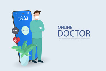 Medical insurance concepte help 24/7 call center. Vector illustration of doctors team for a consultation, support. Medic company service template, ask doctor online. Website or app design
