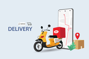 Food delivery app on a smartphone tracking a delivery on a moped with a ready meal, technology and logistics concept, city skyline in the background
