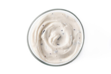 Stracciatella yogurt in transparent bowl isolated on white background. Top view	