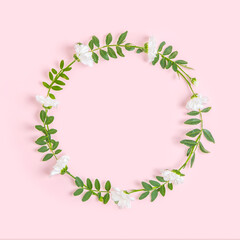 Creative layout composition of flowers on pastel background.