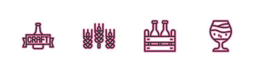 Set line Beer bottle, Pack of beer bottles, Wheat and Glass icon. Vector.