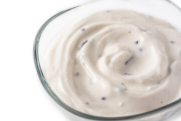 Stracciatella yogurt in transparent bowl isolated on white background	
