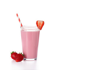 Strawberry milkshake in glass isolated on white background. Copy space