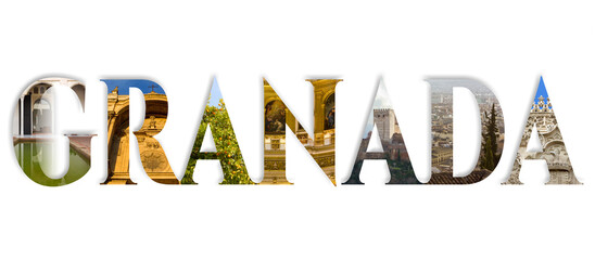 Word Granada in which a photo representing a landmark of the city is applied to each letter