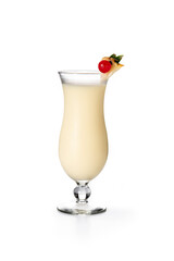 Pina colada cocktail decorated with a piece of pineapple and cherry isolated on white background