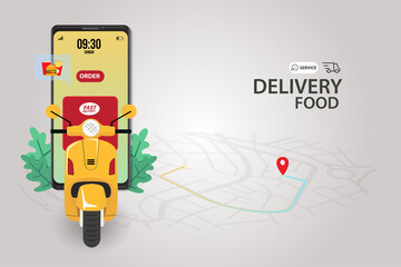 PrintFast delivery by scooter on mobile. E-commerce concept. Online food order infographic. Webpage, app design.
