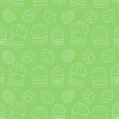 Seamless Pattern with easter cake, eggs. For printing wrapping paper, wallpaper, packaging, fabric. Hand Drawn illustration