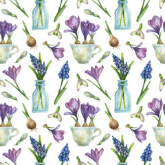 Spring, watercolor seamless pattern. With blue muscari flowers and purple crocuses. Saplings, flower bulbs.